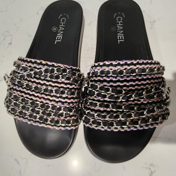 Chanel Leather & Tweed Black Slides, Authentic - Picture 2 of 9